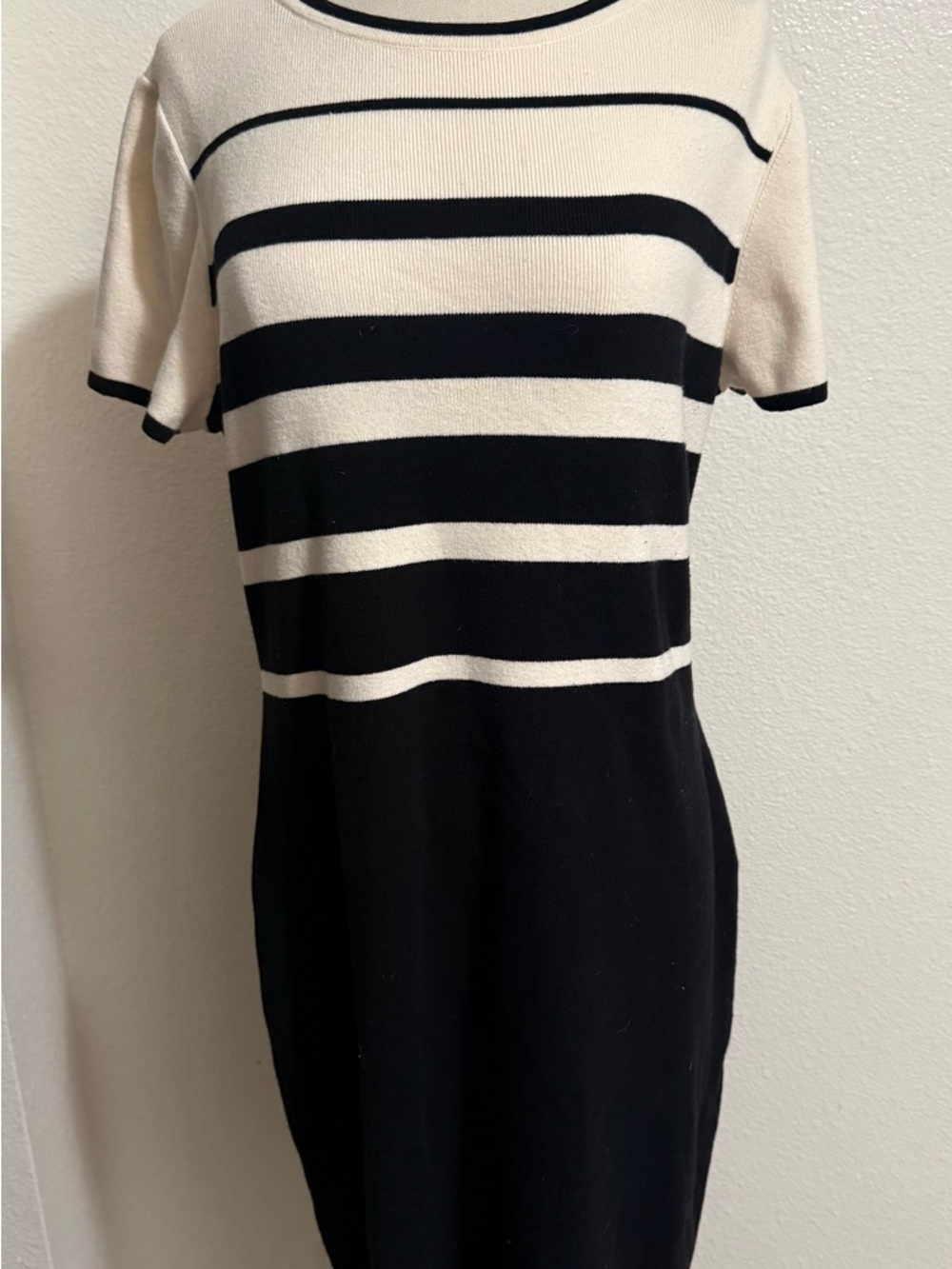 Anne Klein Black and Cream Striped Knit Midi Dress